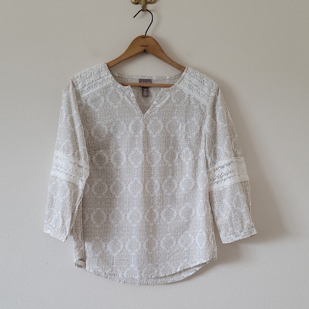 Chico's White Tan Medallion Print Lace Insert Popover Blouse Size Small